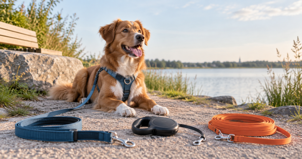 Hond met vaste hondenriem, rollijn en lange lijn bij een wandelpad.