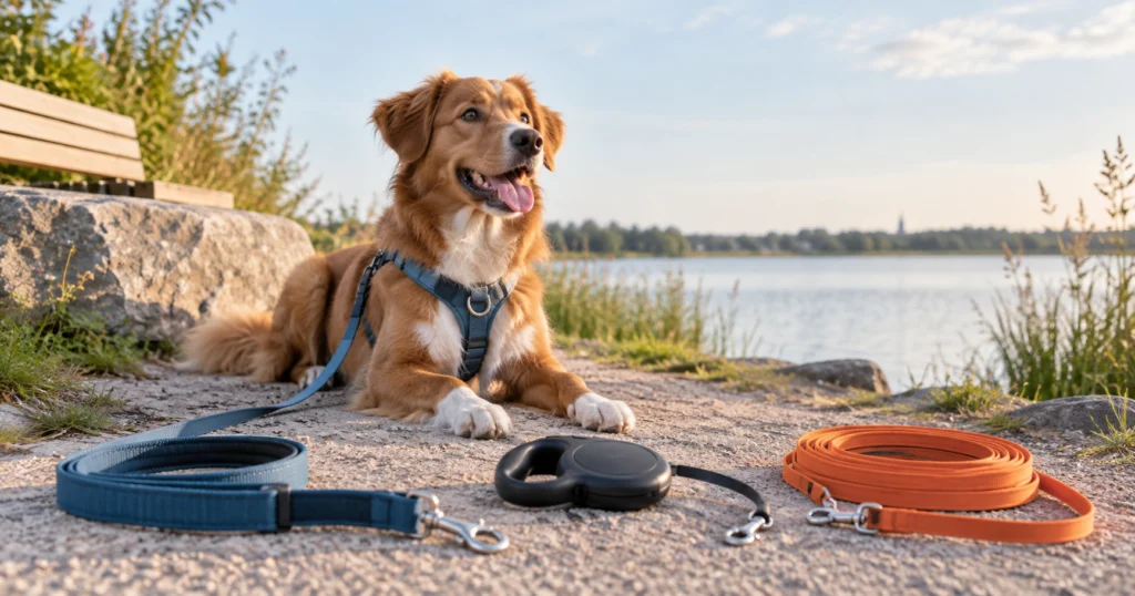 Hond met vaste hondenriem, rollijn en lange lijn bij een wandelpad.