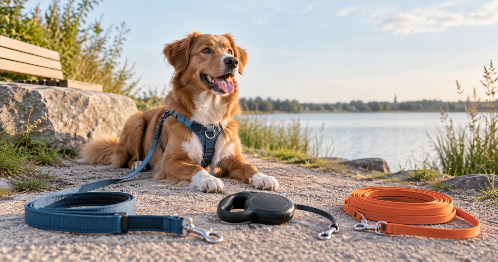 Hond met vaste hondenriem, rollijn en lange lijn bij een wandelpad.