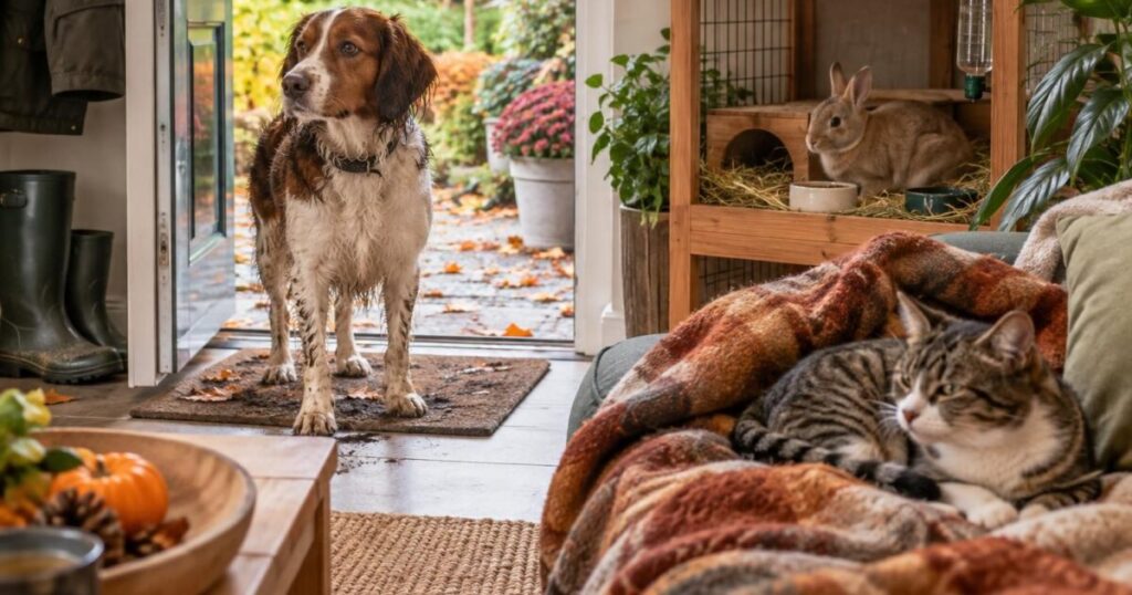 Hond, kat en klein huisdier comfortabel voorbereid op de herfst