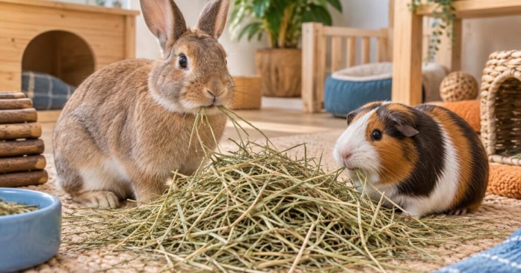 Konijn en cavia eten vers hooi in een rustige huiselijke omgeving