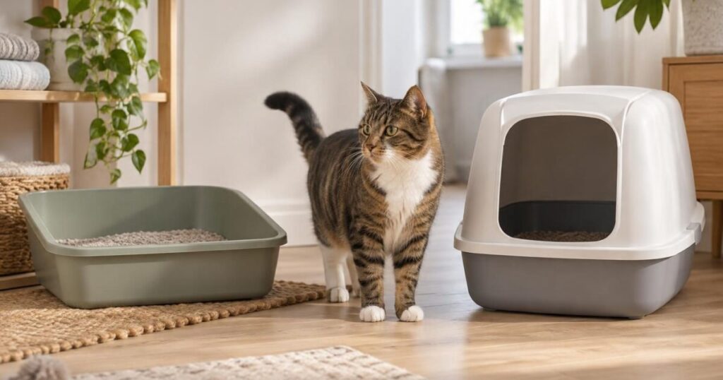 Kat naast een ruime kattenbak in een lichte huiselijke omgeving