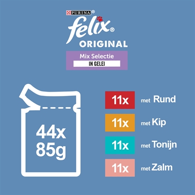 Felix Pouch Original In Gelei Mix Box Rund / Kip / Tonijn / Zalm - 44 x 85 g