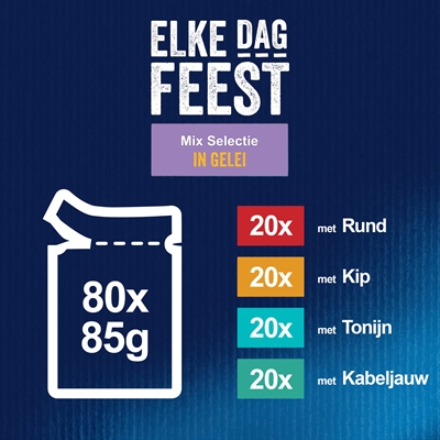 Felix Pouch Elke Dag Feest In Gelei Tonijn / Kabeljauw / Rund / Kip - 80 x 85 g