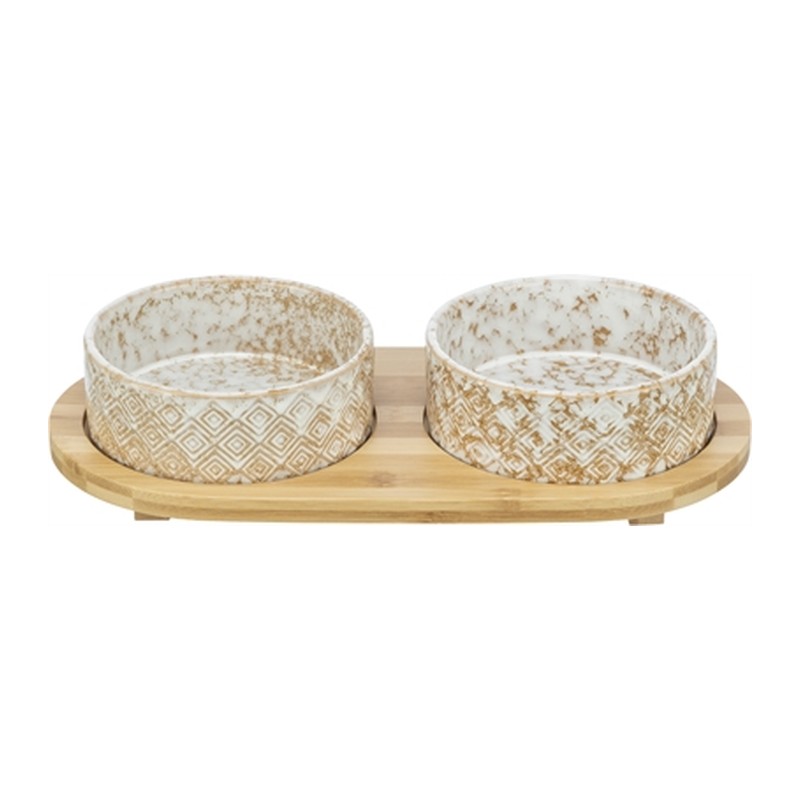 HuisdierXL VDM 415151 image derivative v1 Trixie Set Voerbak / Waterbak Keramiek / Bamboe Wit / Natuur - 2 x 300 ml 30 x 6 x 15 cm