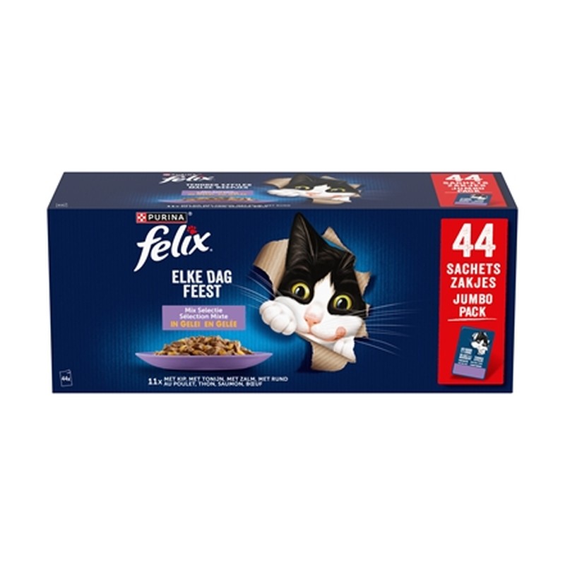 Felix Pouch Elke Dag Feest In Gelei Mix Box Tonijn / Zalm / Rund / Kip - 44 x 85 g