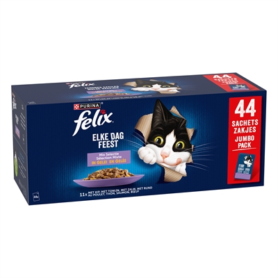 Felix Pouch Elke Dag Feest In Gelei Mix Box Tonijn / Zalm / Rund / Kip - 44 x 85 g