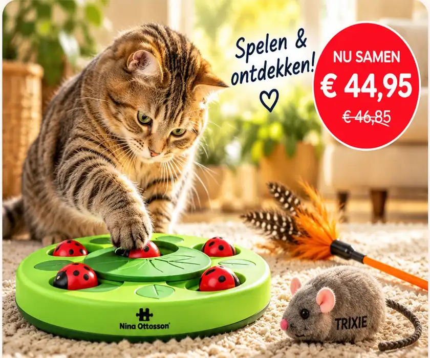 Speel & ontdek: kat met Nina Ottosson puzzelspel, kattenhengel en muis. Nu samen voor € 44,95 in plaats van € 46,85.