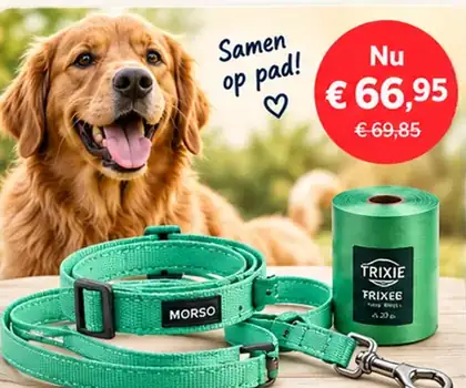 Samen op pad: hond, Morso-accessoires en Trixie-poepzakjes, met setprijs in de afbeelding