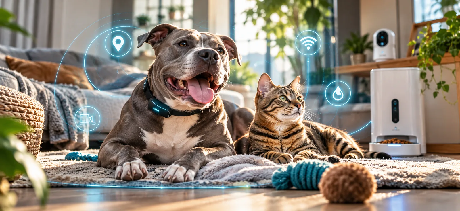 Staffordshire hond en kat in een moderne woning met slimme huisdiertechnologie
