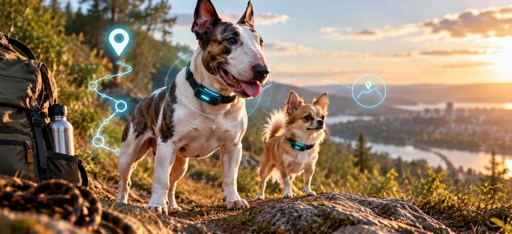 Bullterriër en Chihuahua met GPS-halsband op een heuvel tijdens zonsondergang