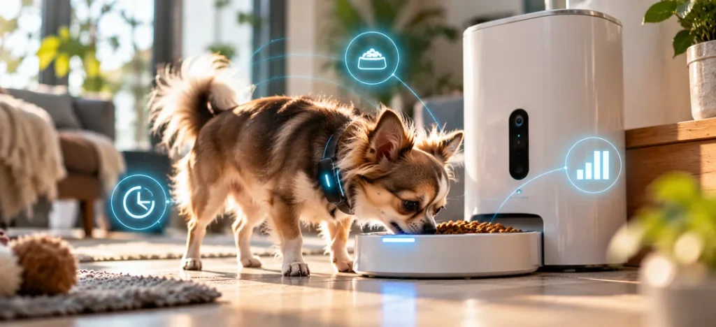 Chihuahua eet uit een automatische voerautomaat in een lichte woning