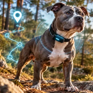 Staffordshire hond met slimme GPS-tracker tijdens een wandeling